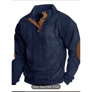 Unbranded Corduroy Pullover Mens Size M Navy Blue Ribbed Mock Neck Elbow Patches